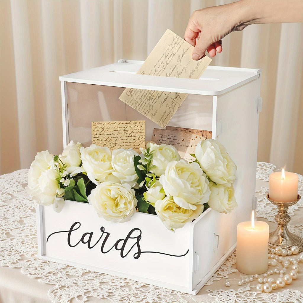 White Wedding Card Box with Lockable Lid, Party Gift Money Box