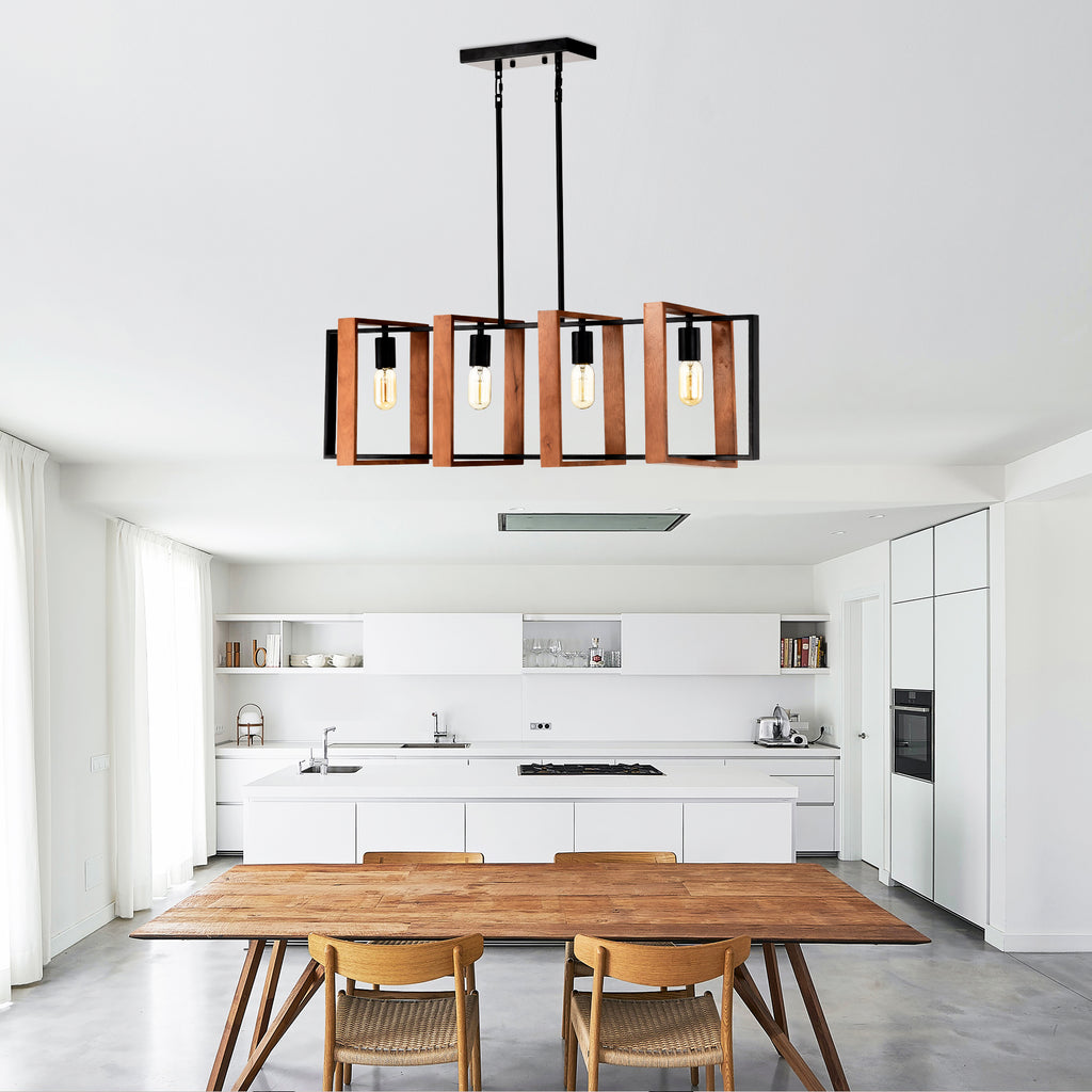 4-Light Farmhouse Kitchen Island Pendant Wood and Black 36 In