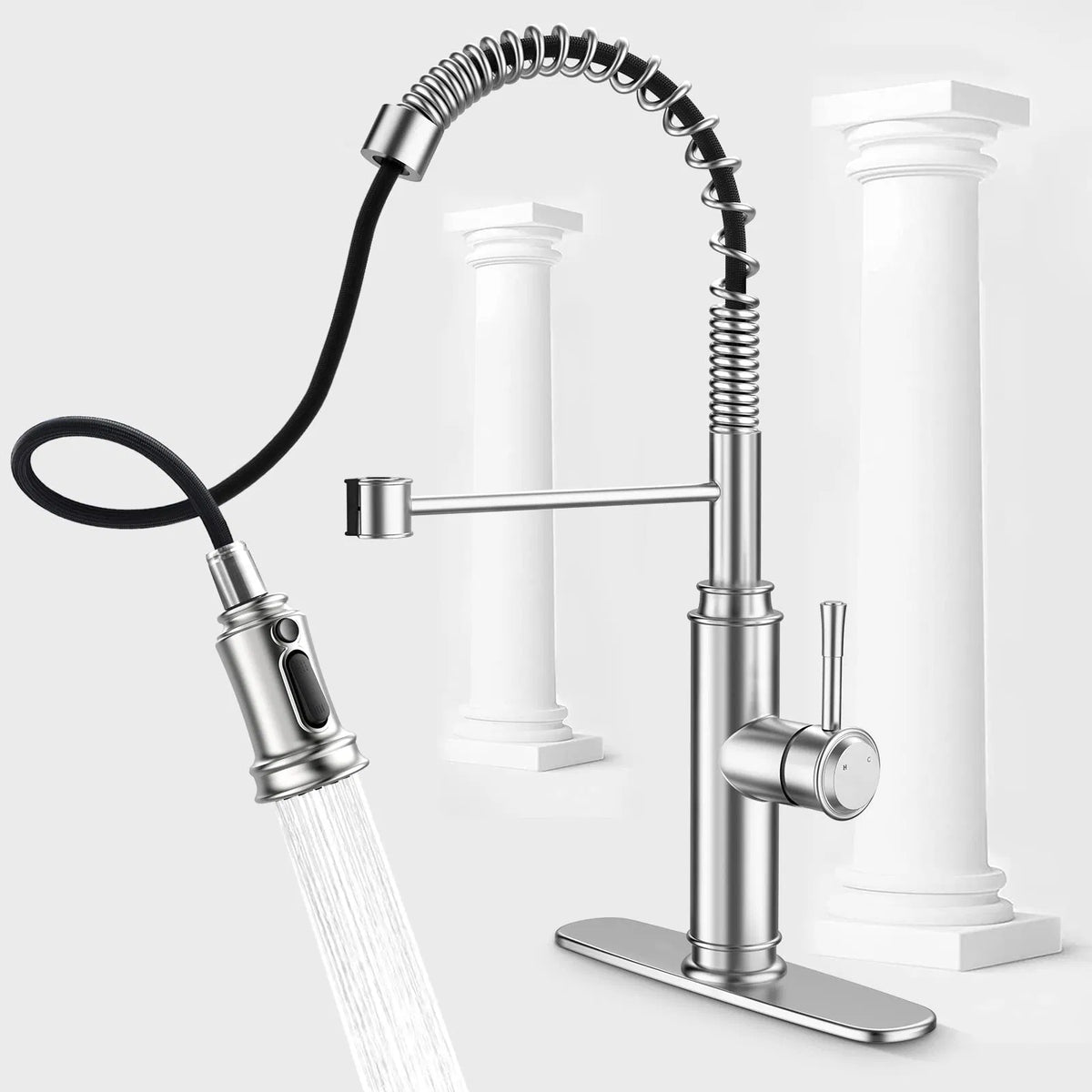 Spring Kitchen Sink Faucet, 3-Mode Pull-Down Sprayer, Brushed Nickel – image 2