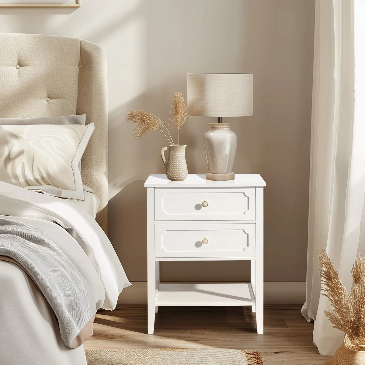 Solid Pine Wood Nightstand with 2 Drawers and Shelf, White
