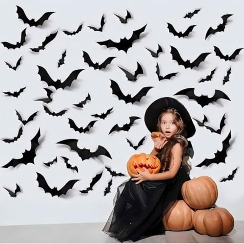 3D Bat Wall Decor – 56 Pack Halloween Wall Bats in 4 Sizes