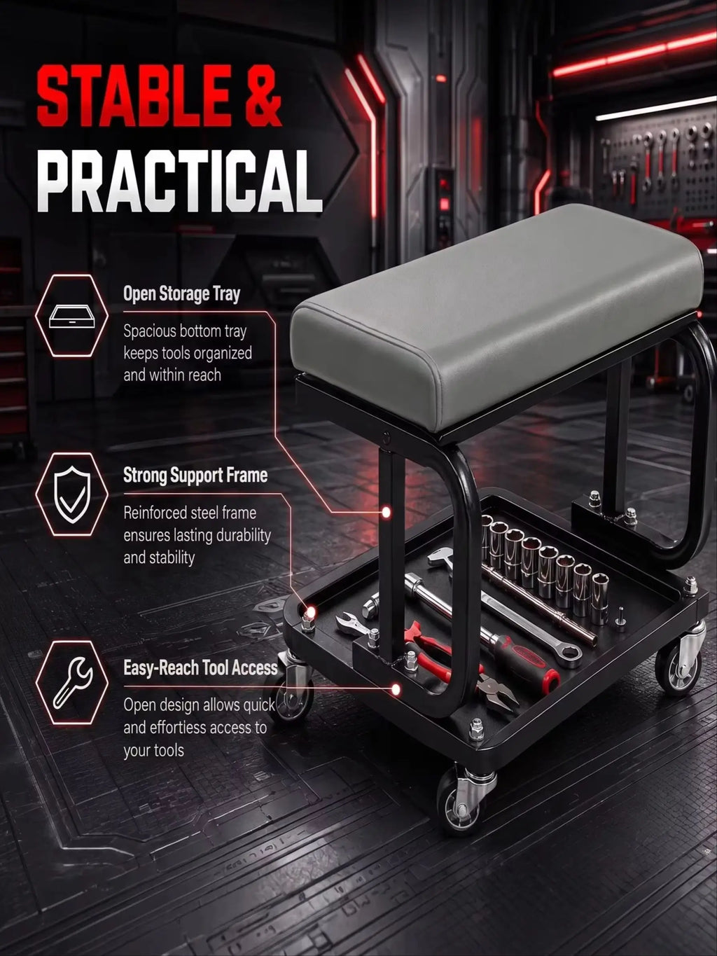 3-in-1 Mechanic Creeper Seat, Foldable Rolling Garage Bench – image 7