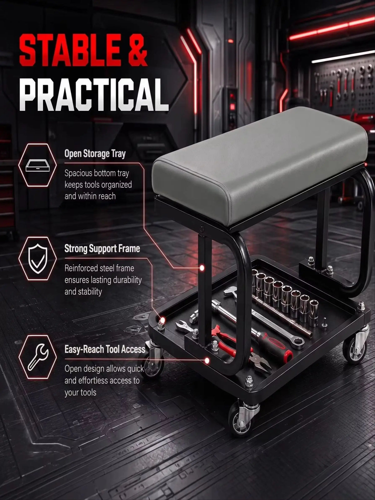 3-in-1 Mechanic Creeper Seat, Foldable Rolling Garage Bench – image 7