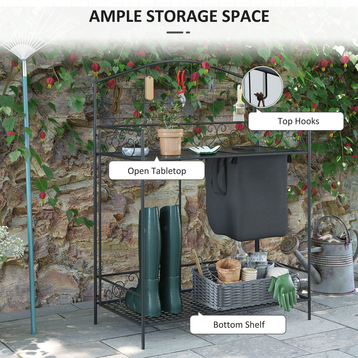 Folding Metal Potting Table with Soil Bag, Tool Hooks and Shelf – image 4
