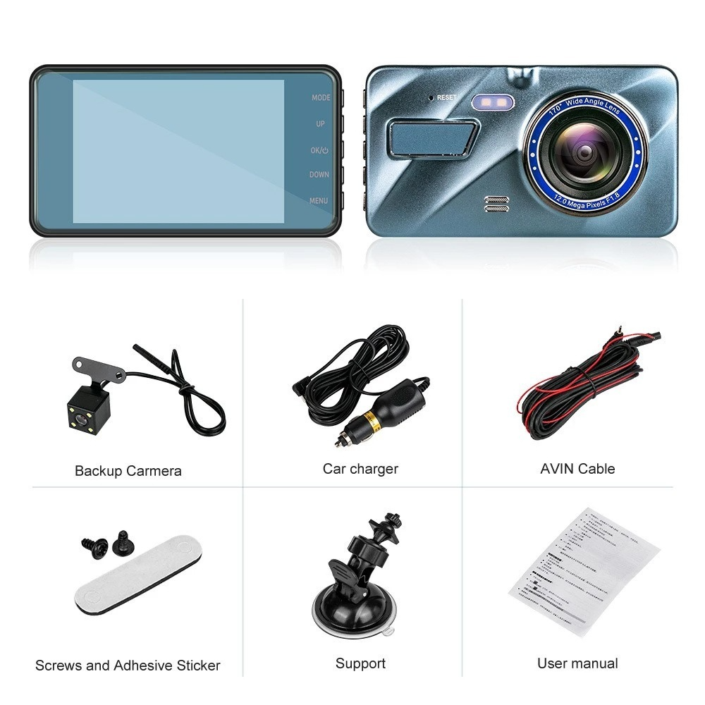 Dash Cam Front and Rear – 4 in Screen, 1296P, Night Vision, G-Sensor