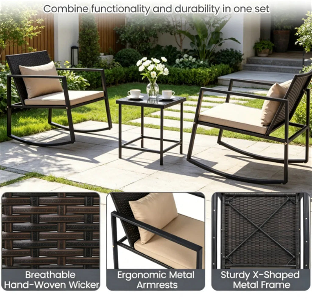 3-Piece Wicker Rocking Chair Set with Glass Side Table, Brown – image 5