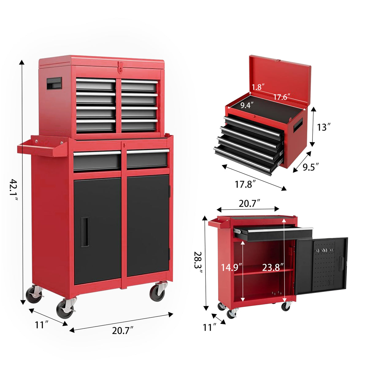 Rolling Tool Chest, 5-Drawer Steel Cabinet with Detachable Top Box – image 3