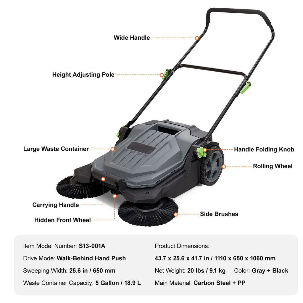 Manual Push Yard Sweeper 25.6 in with 5-Gallon Bin