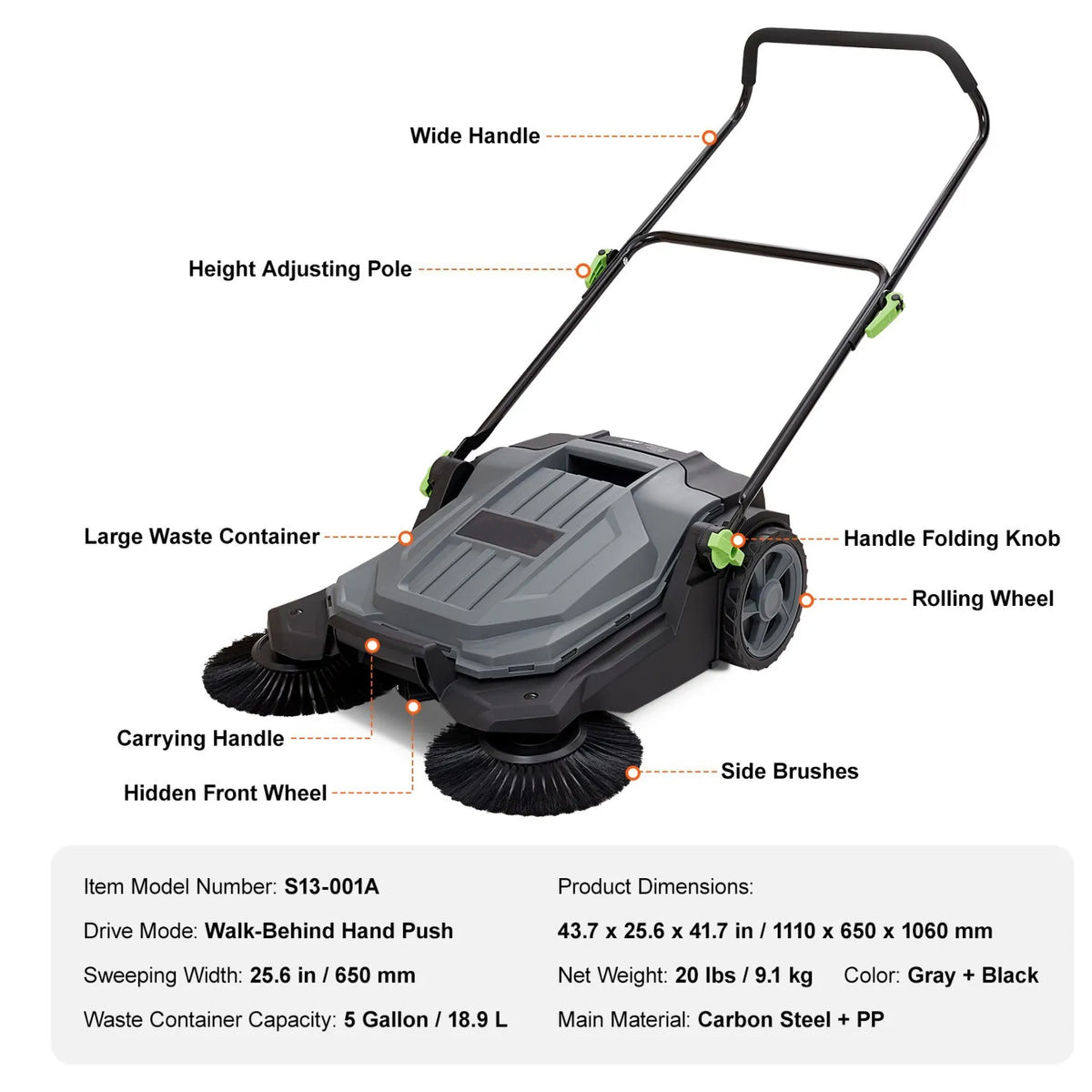 Manual Push Yard Sweeper 25.6 in with 5-Gallon Bin