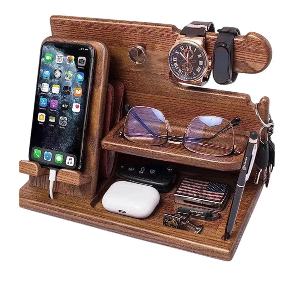 Phone Docking Station, Wooden Desk Organizer with Drawer