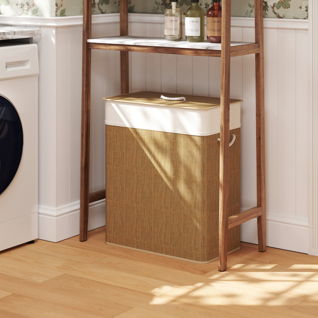 Bamboo Laundry Hamper with Lid, 26.4 Gal Double Basket