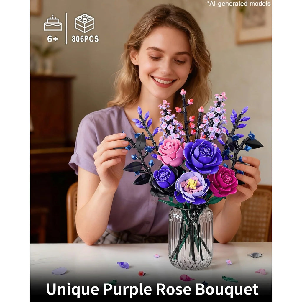 Rose Bouquet Building Set – Purple Botanical Blocks Decor – image 2