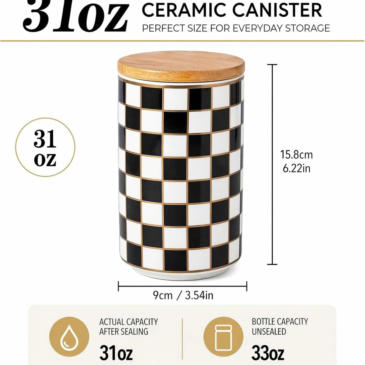 Ceramic Canister, Airtight 800 ml Kitchen Jar, Black Checkered – image 2
