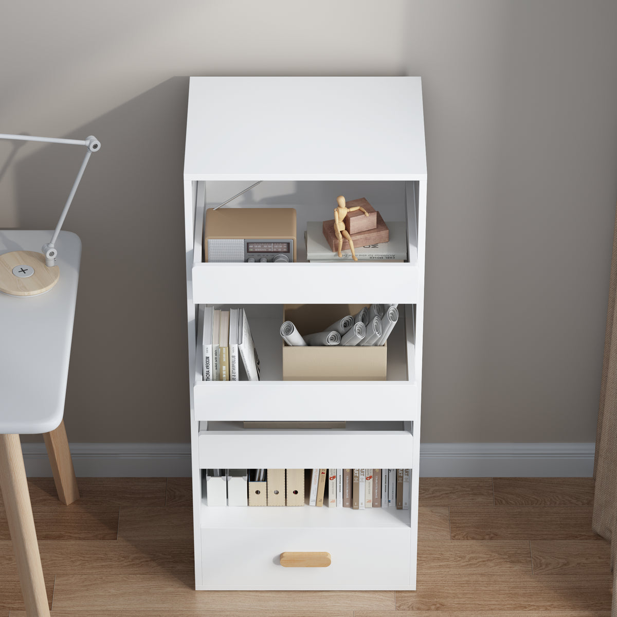 4-Tier Bookshelf with 3 Sliding Drawers and Bottom Drawer, White – image 4