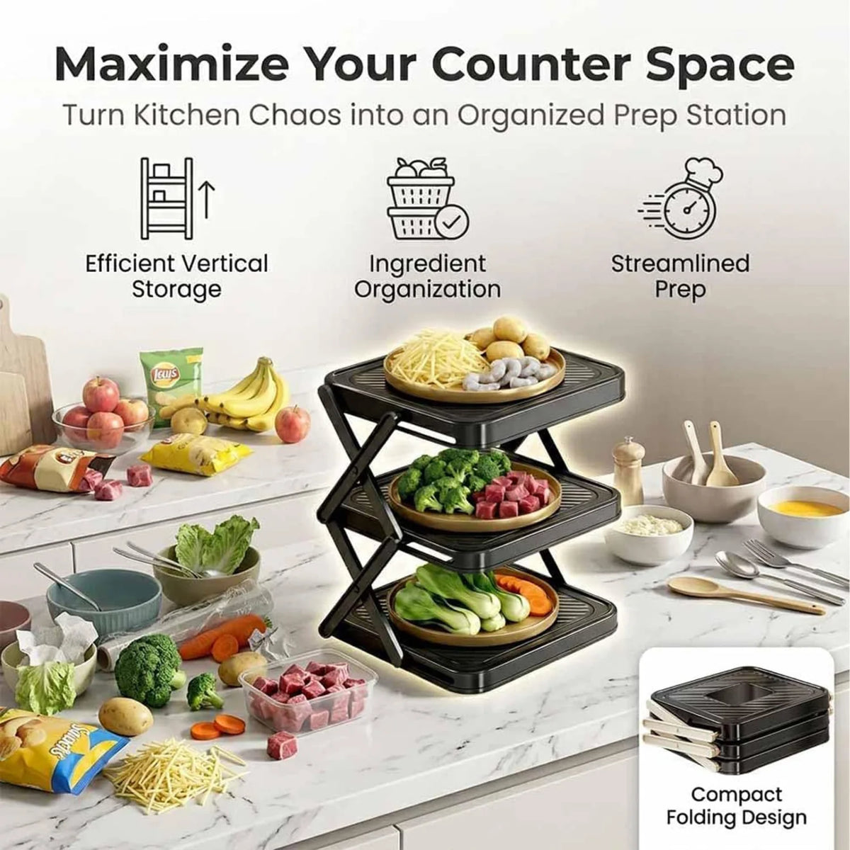 Plate Organizer Rack, 3-Tier Foldable Dish & Prep Tray Storage Stand – image 3