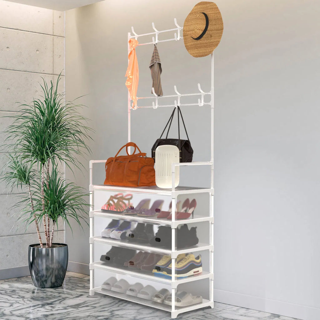 Shoe Rack with Coat Hooks, 5-Tier Dustproof Entryway Hall Tree – image 3