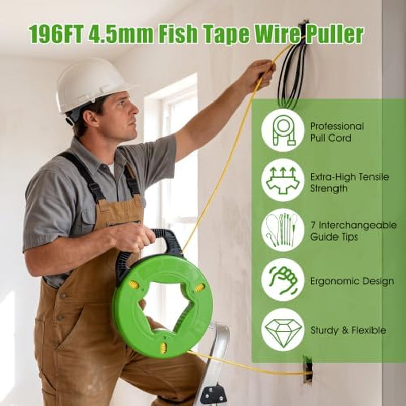 Fish Tape 197 ft, 4.5 mm Wire Puller with 7 Guide Tips and Gloves – image 2