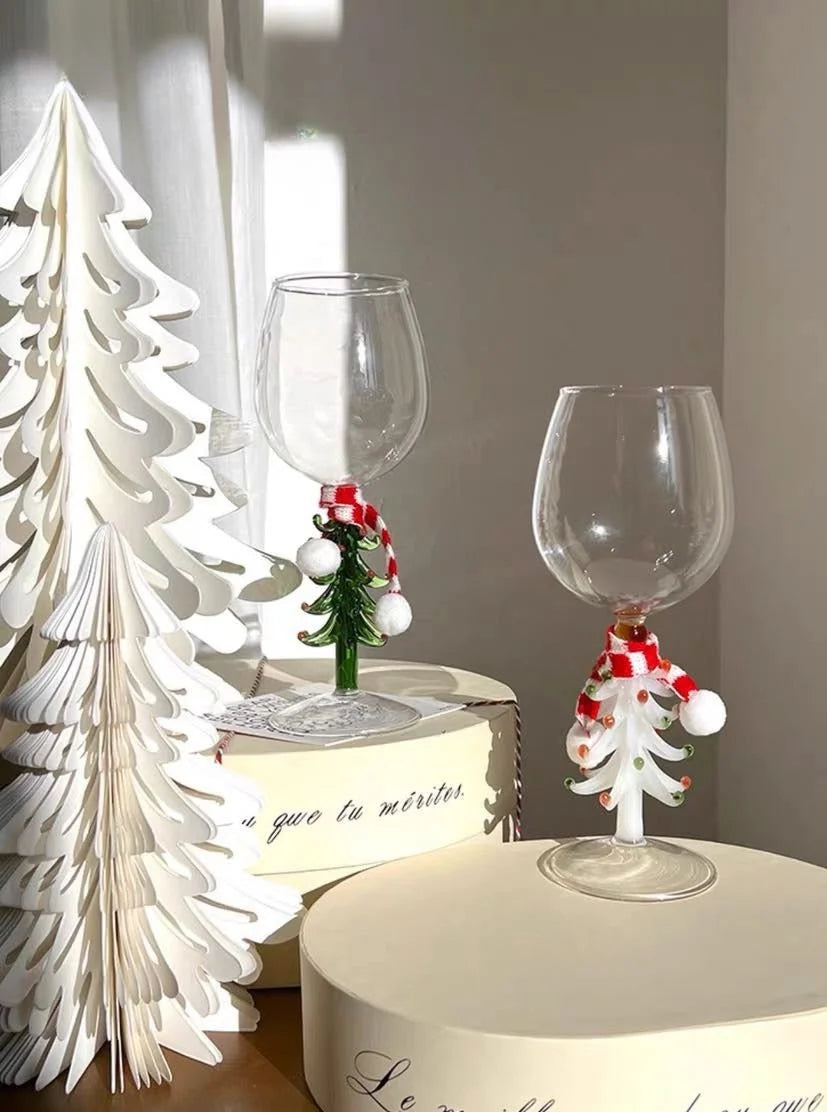 Handblown Christmas Tree Wine Glasses, Set of 2