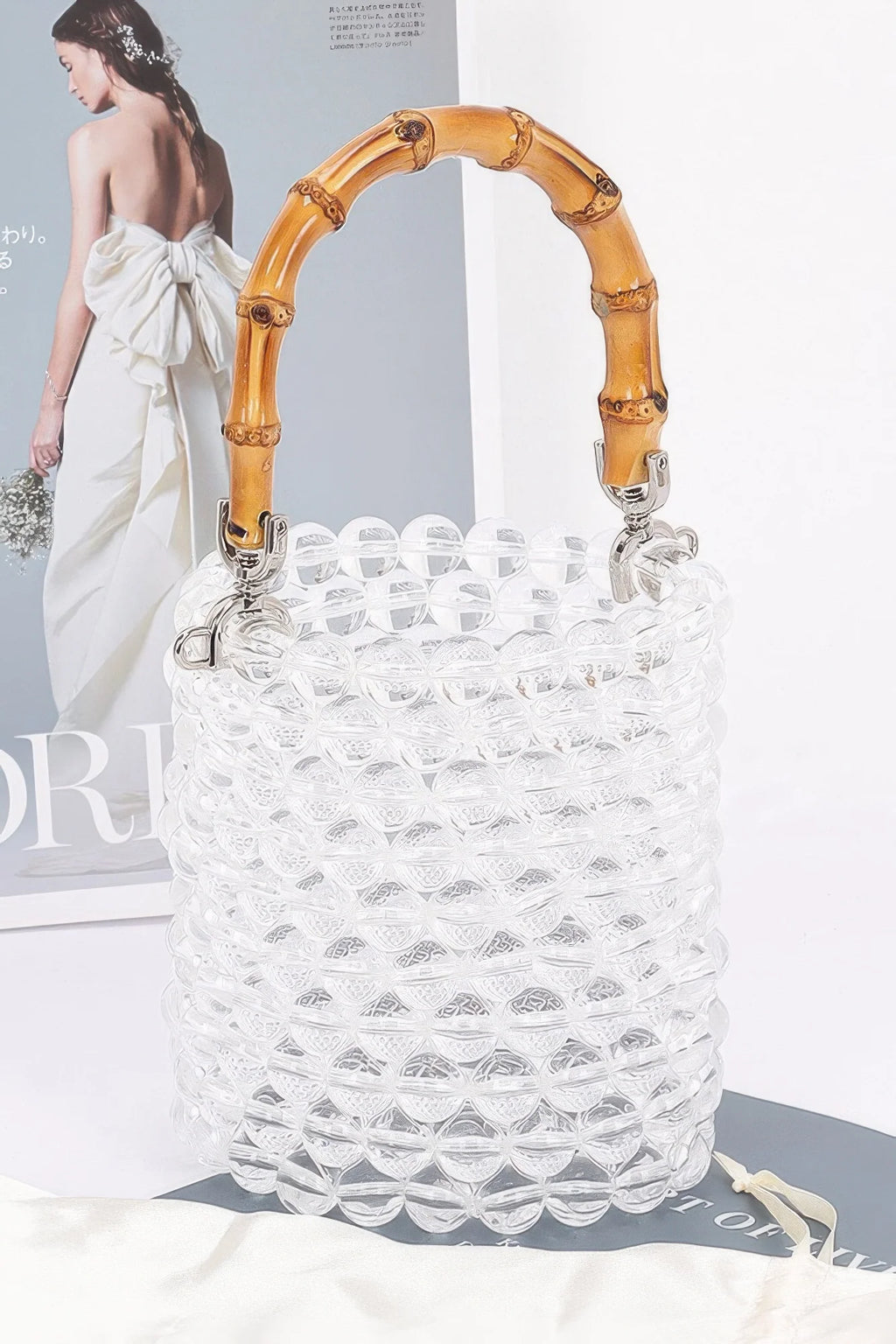 Clear Beaded Tote Bag with Bamboo Handle – image 2