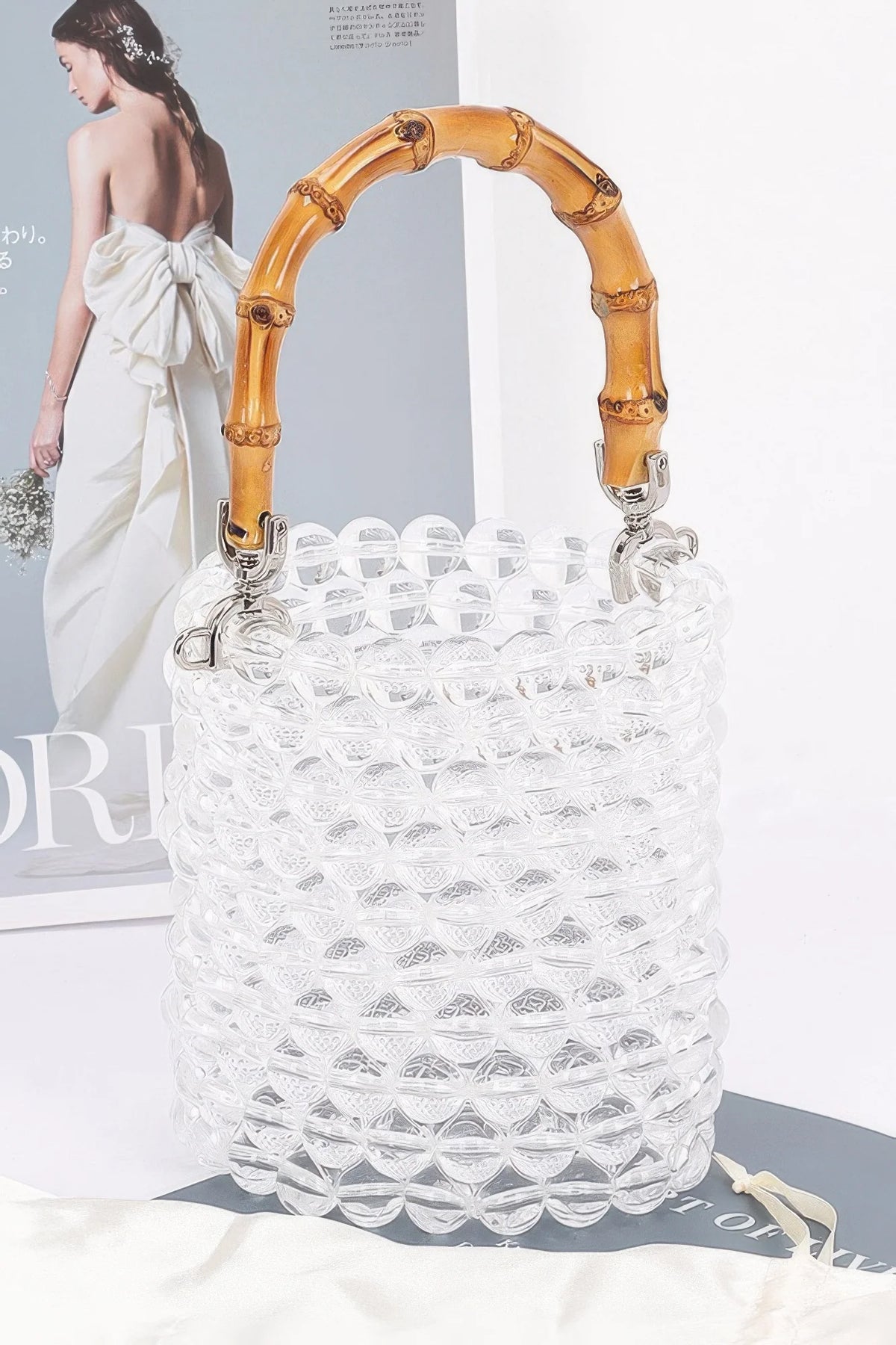 Clear Beaded Tote Bag with Bamboo Handle – image 2