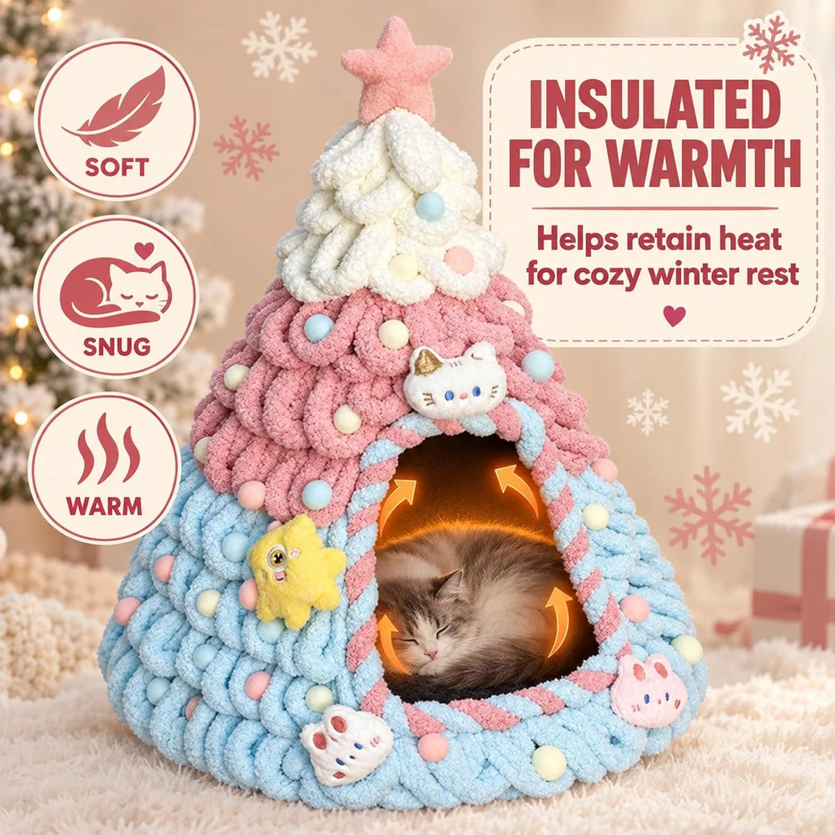 Cat Bed Cave, Christmas Tree Shape with Felt and Gauze, Pink – image 7