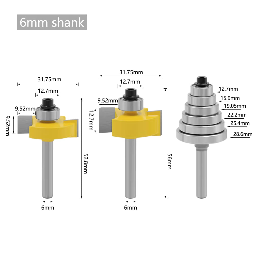 Rabbet Router Bit Set with 6 Bearings, 1/4 in Shank Carbide, 3-Piece