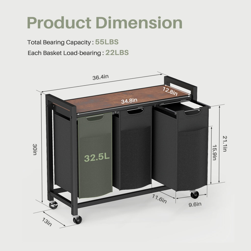 Rolling Laundry Sorter with Pull-Out Bags and Top Shelf – image 15
