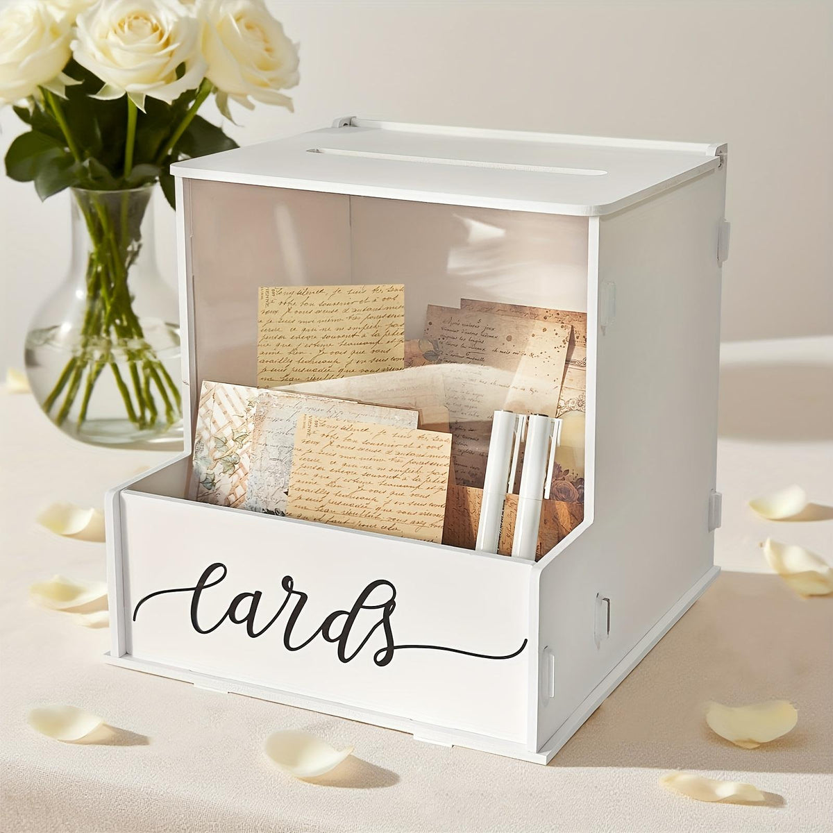 White Wedding Card Box with Lockable Lid, Party Gift Money Box