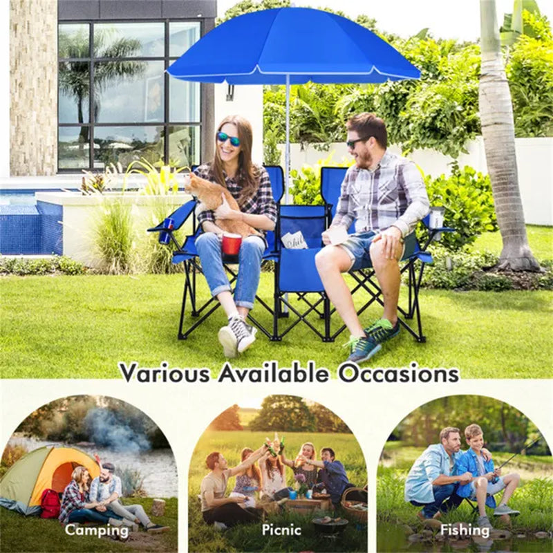 Double Folding Camping Chair with Umbrella and Cooler Bag – image 9