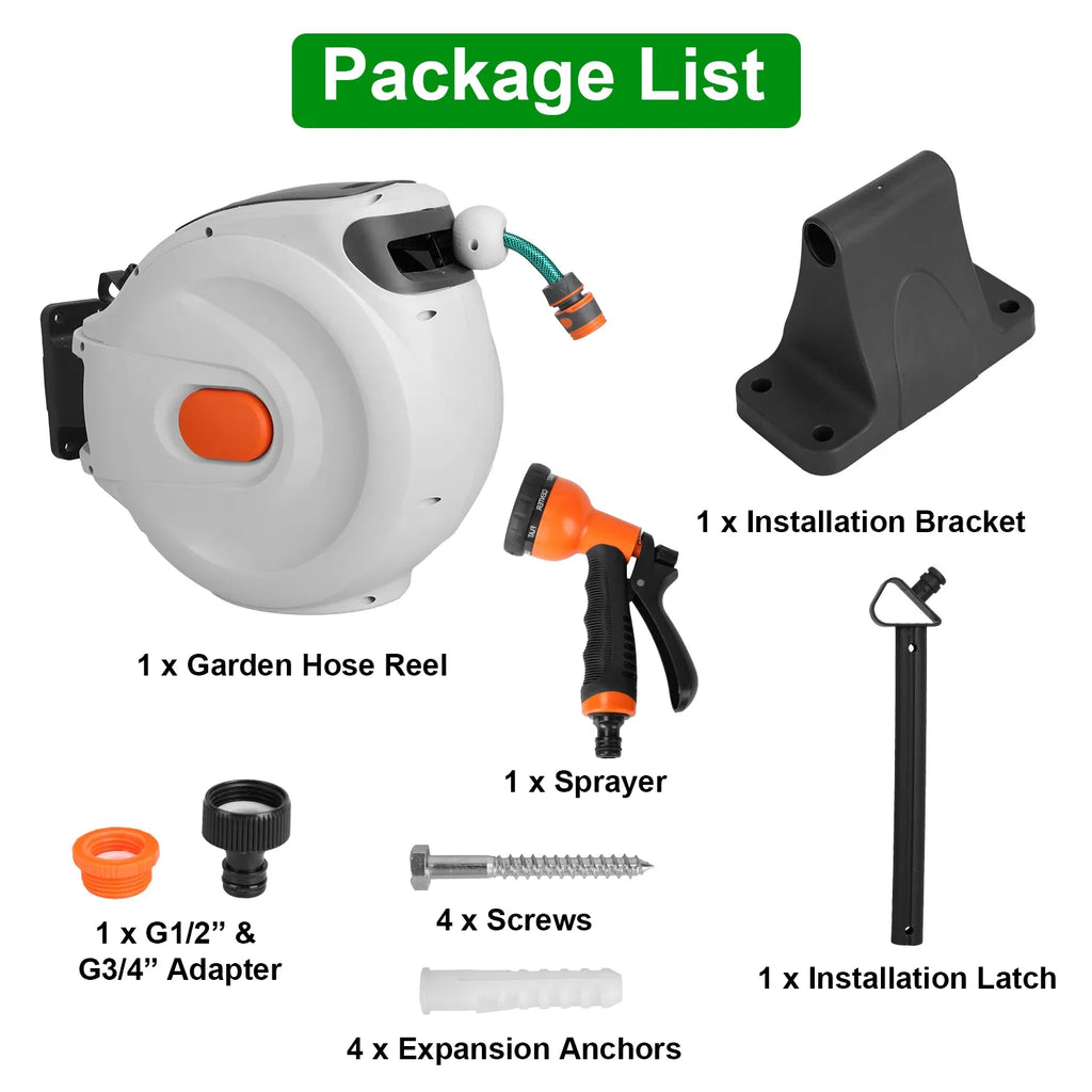 Wall Mount Retractable Garden Hose Reel 98 Ft with Sprayer