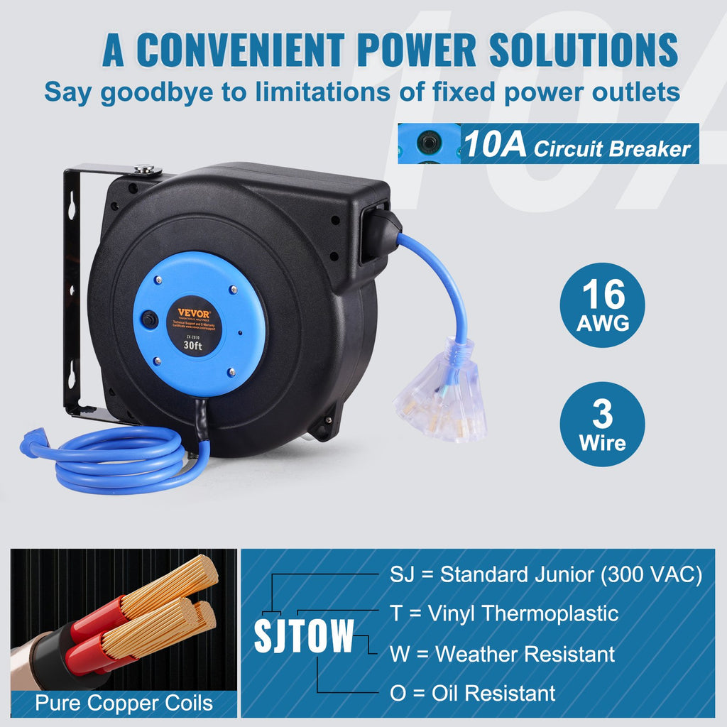 Retractable Extension Cord Reel 30 ft, 16AWG 3-Outlet, Blue – image 5