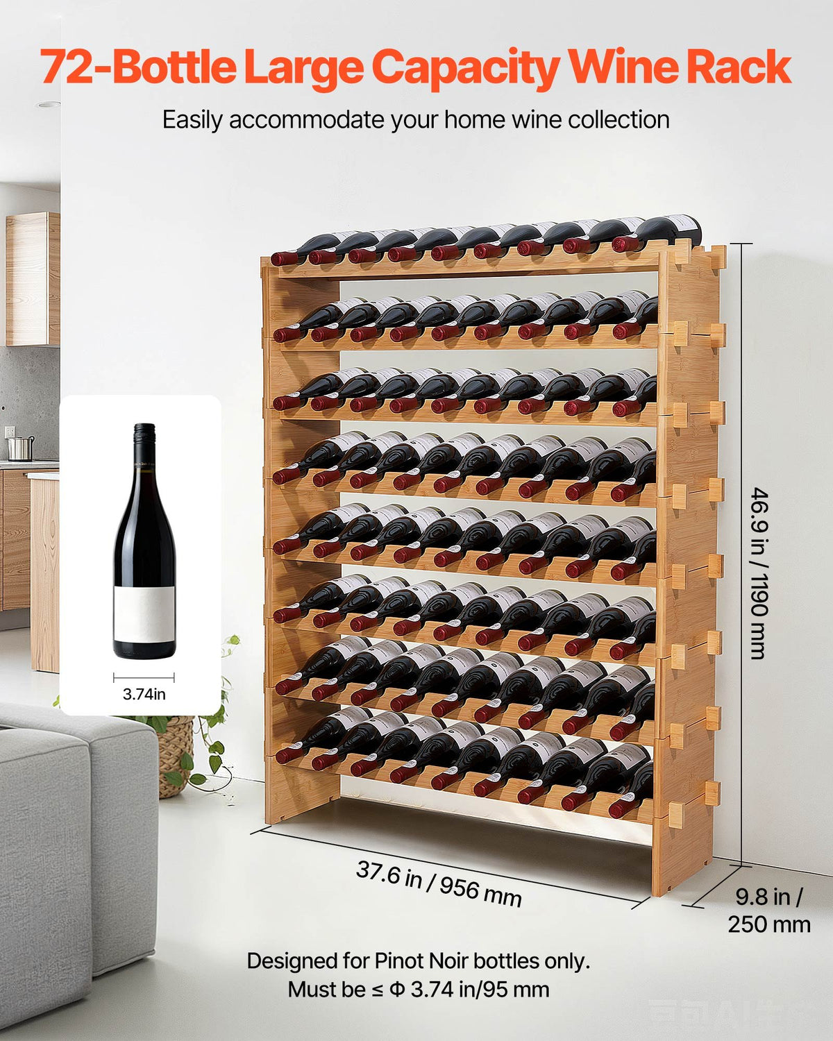 Wine Rack 72-Bottle Stackable Wood, 8-Tier Freestanding – image 2