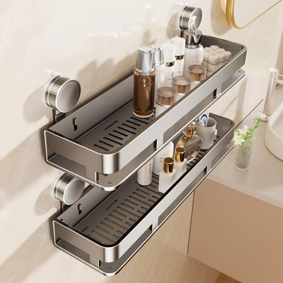 Suction Cup Shower Shelf – 21 in Wall Caddy with 5 Hooks – image 2