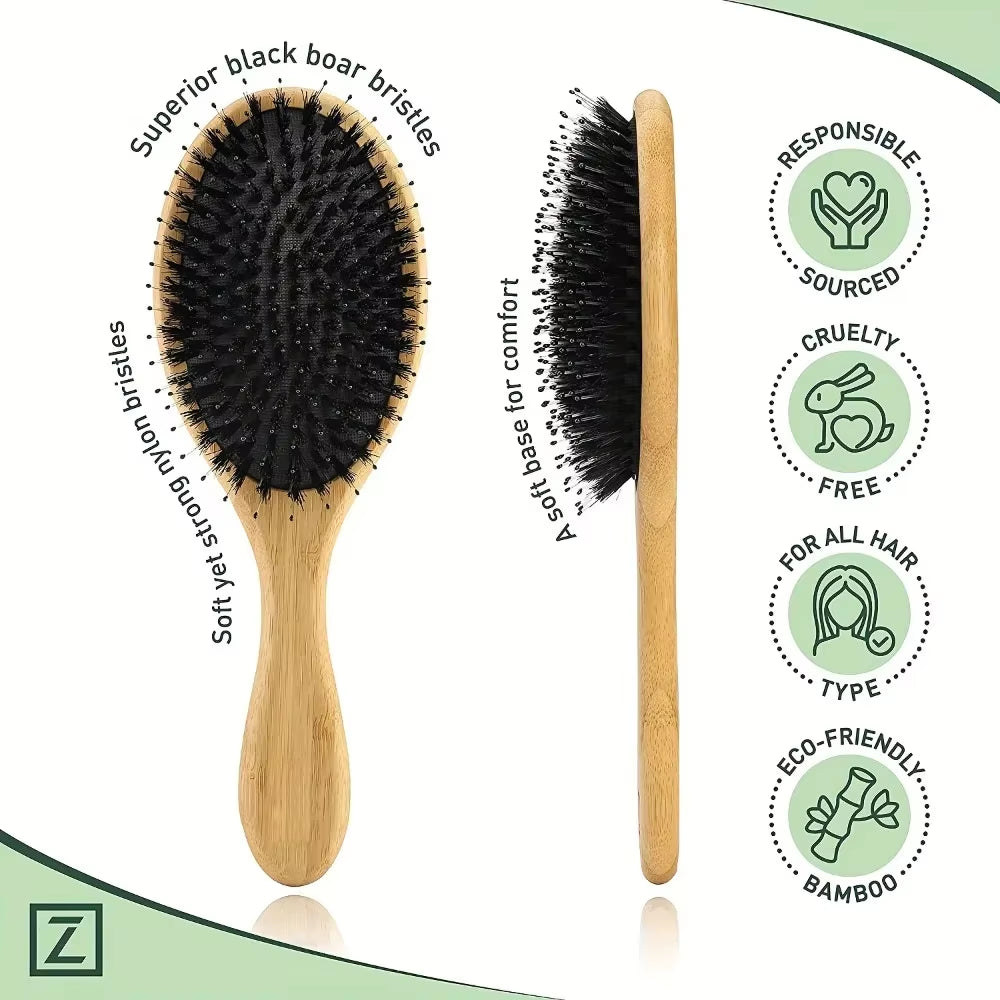 Boar Bristle Hair Brush Bamboo Paddle Detangling Brush – image 3