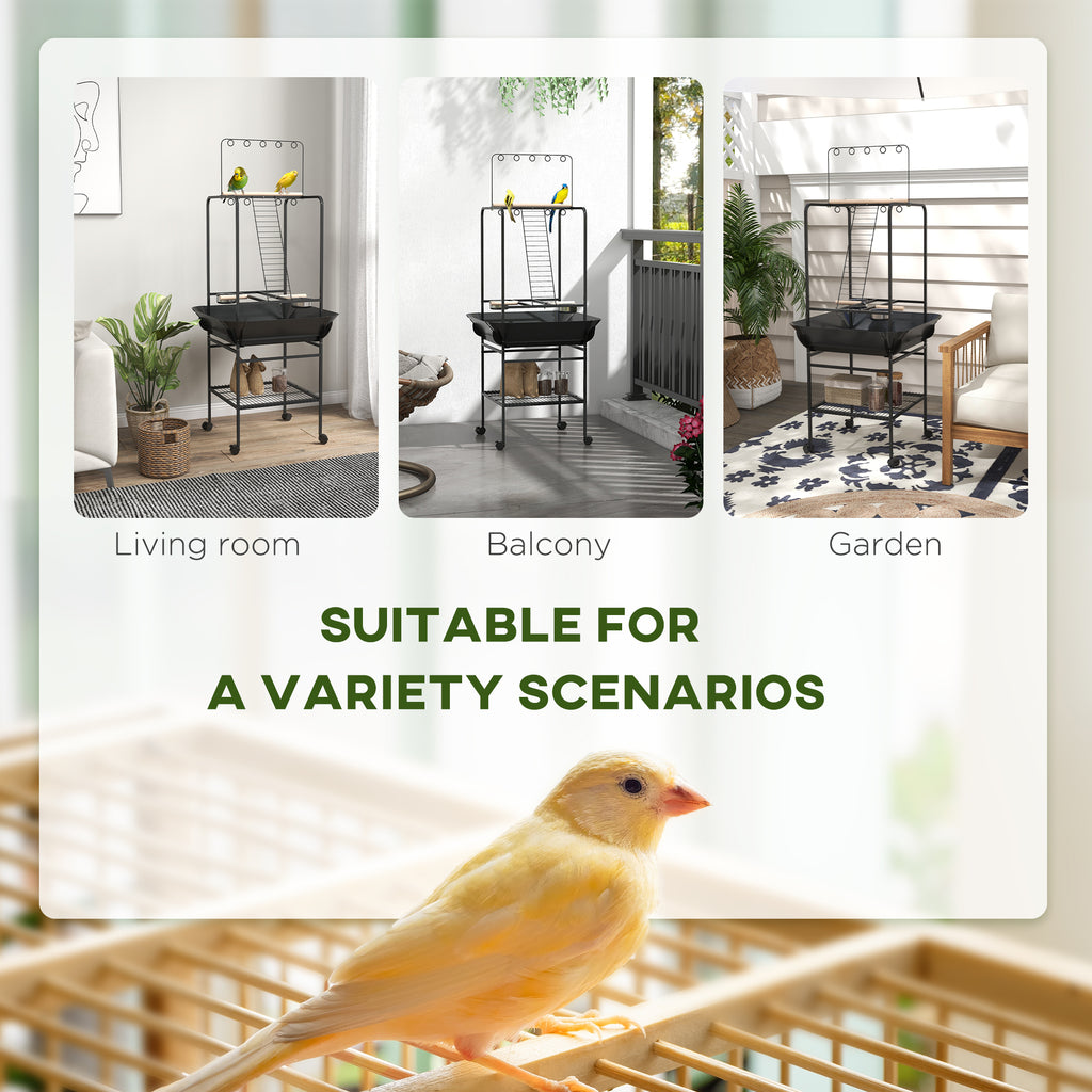 Rolling Bird Play Stand with Ladder, Stainless Bowls and Pull-Out Tray – image 4