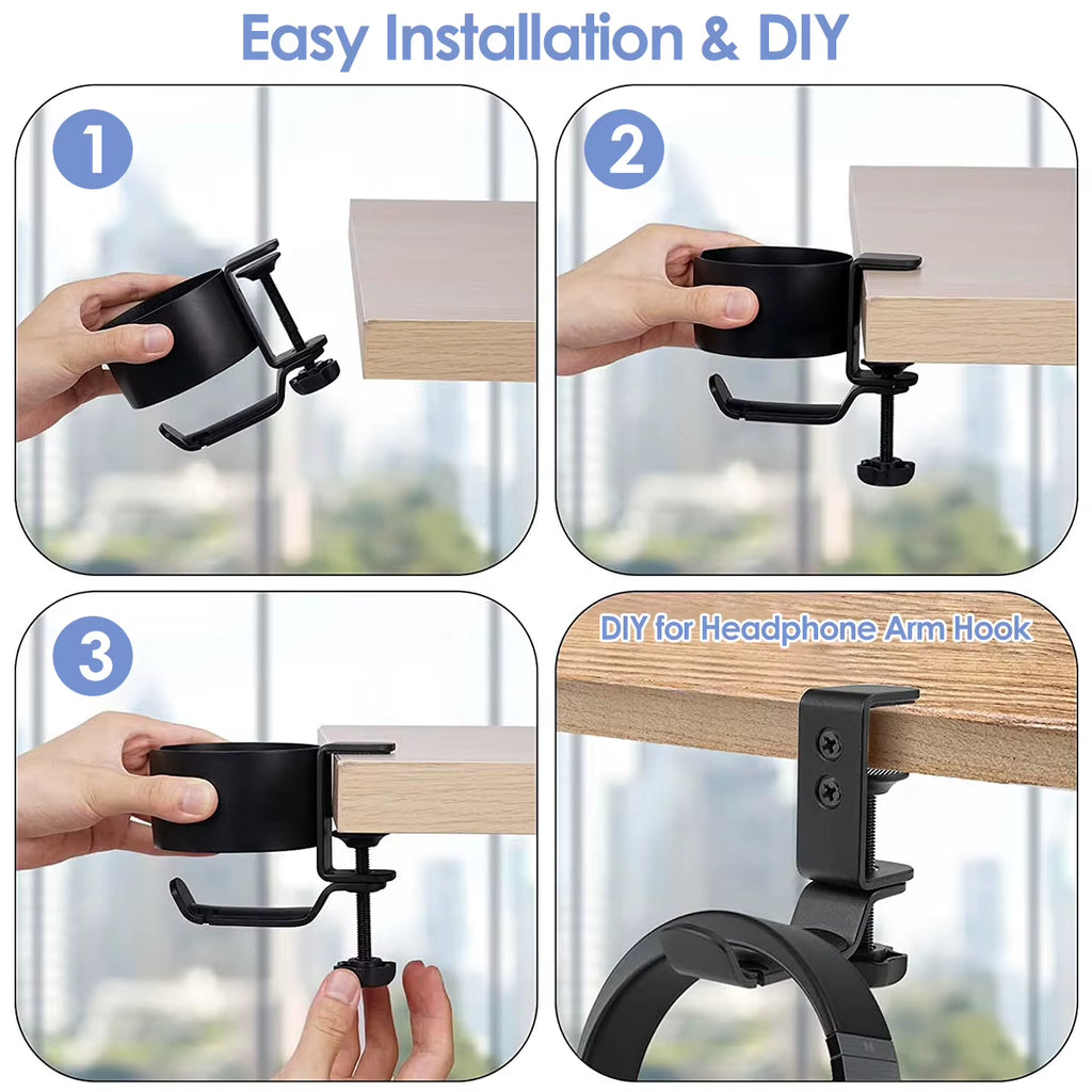 Desk Cup Holder with Headphone Hanger, Clamp-On Aluminum – image 5