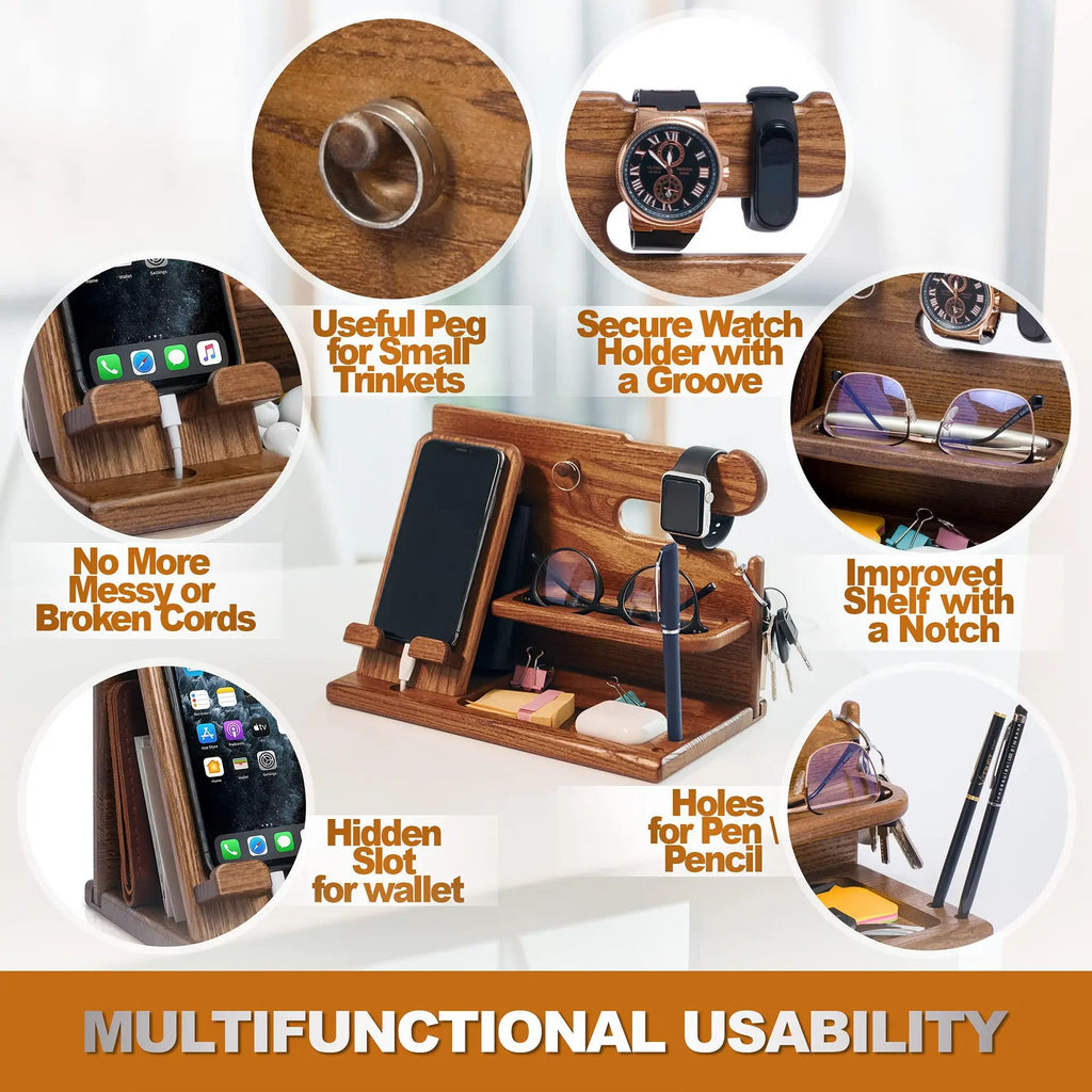 Phone Docking Station, Wooden Desk Organizer with Drawer – image 3
