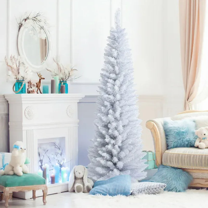 Christmas Tree, 6 Ft White Slim Pencil, Unlit with Metal Stand – image 2