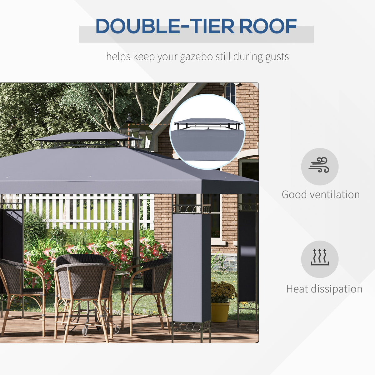10 x 13 ft Patio Gazebo with Double Roof and Screen Netting, Gray – image 4