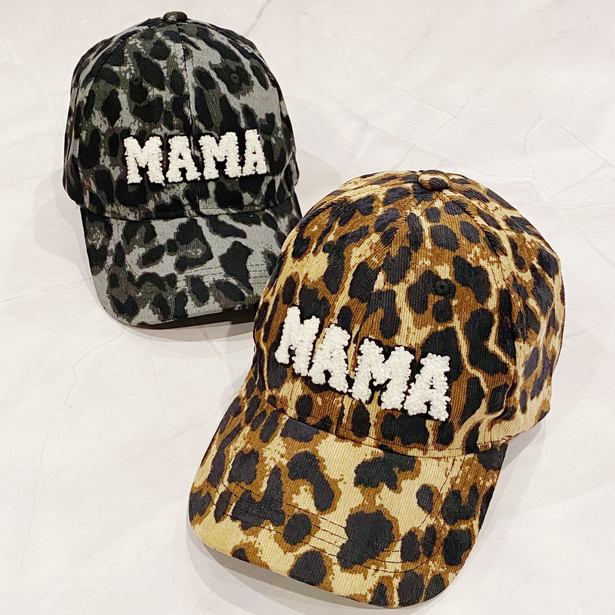 Corduroy Baseball Cap Animal Print with Fuzzy Lettering