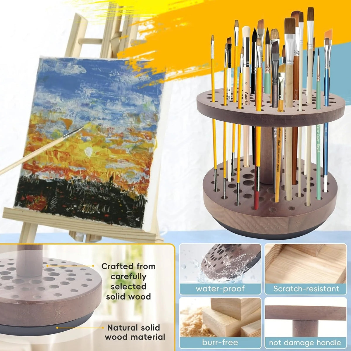 Paint Brush Holder, 360° Rotating Hardwood Desk Organizer – image 2