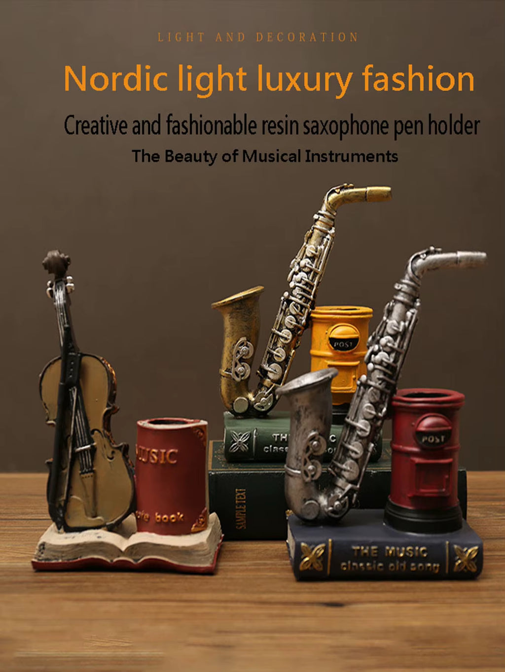 Saxophone and Violin Resin Pen Holder Desk Ornament – image 2
