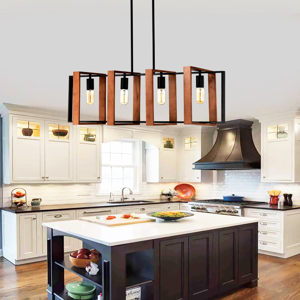 4-Light Farmhouse Kitchen Island Pendant Wood and Black 36 In
