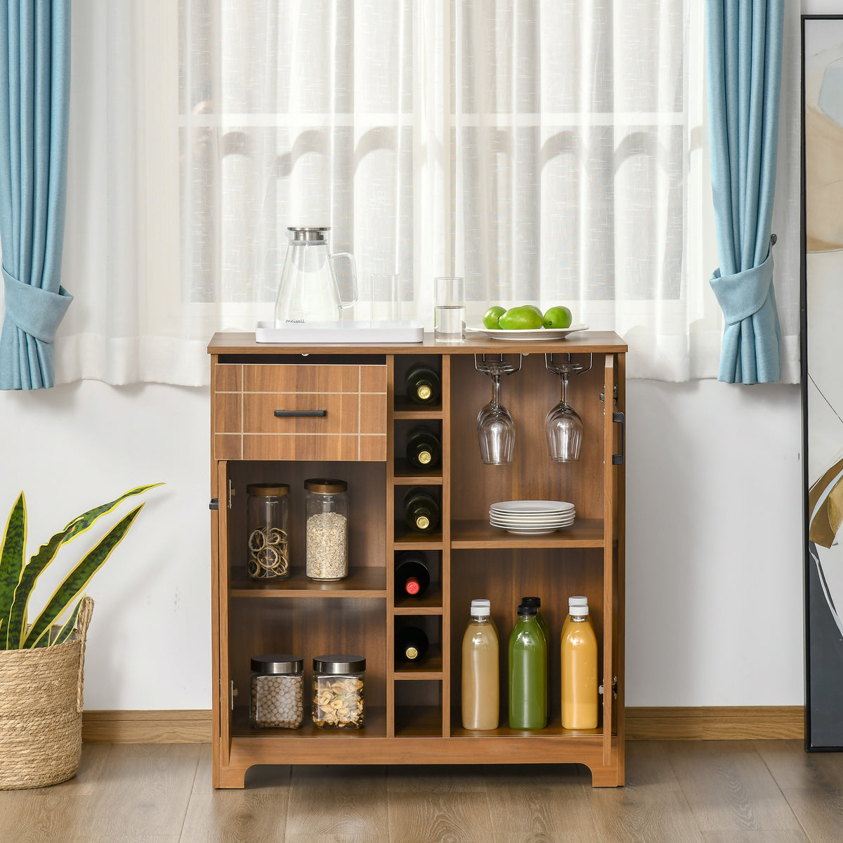 Wine Cabinet Sideboard with 6-Bottle Rack and Glass Holders, Brown – image 7