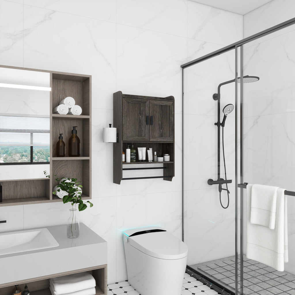 Bathroom Wall Cabinet with Towel Bar and Paper Holder, Grey