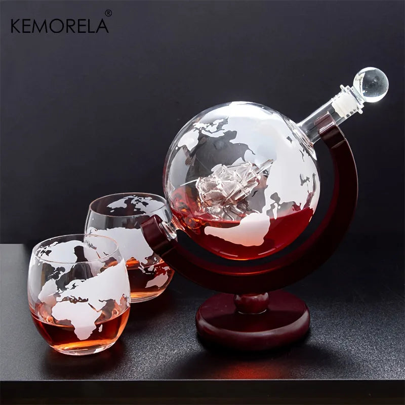 Globe Whiskey Decanter Set, 900 ml with Wood Stand – image 4