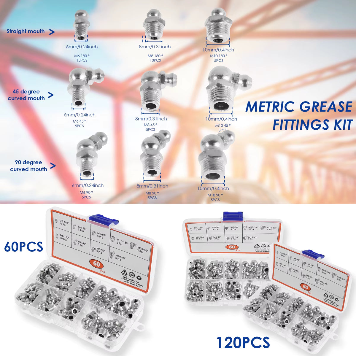 Farm Grease Fitting Kit, Metric Zerk Assortment for Tractors