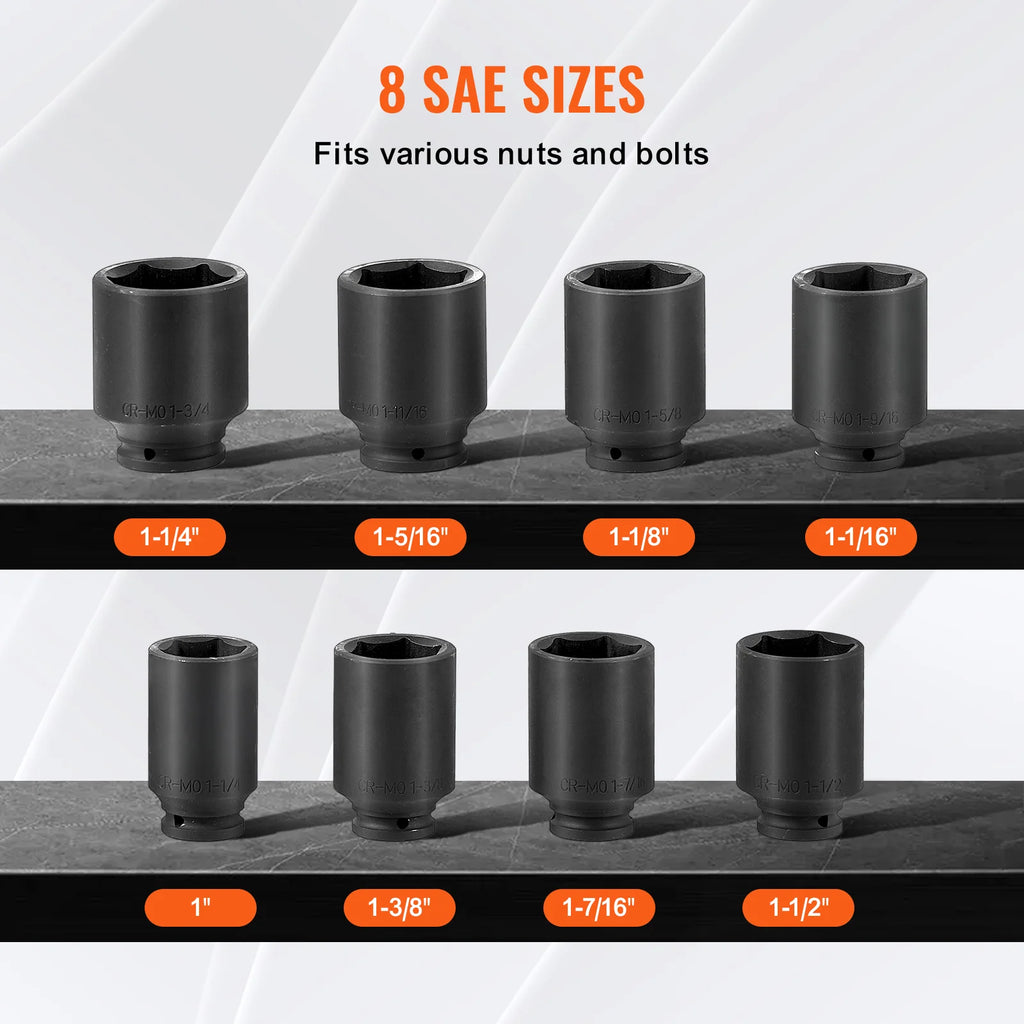 Axle Nut Socket Set, 8-Piece 3/4 in Drive Deep 6-Point SAE Sockets – image 3