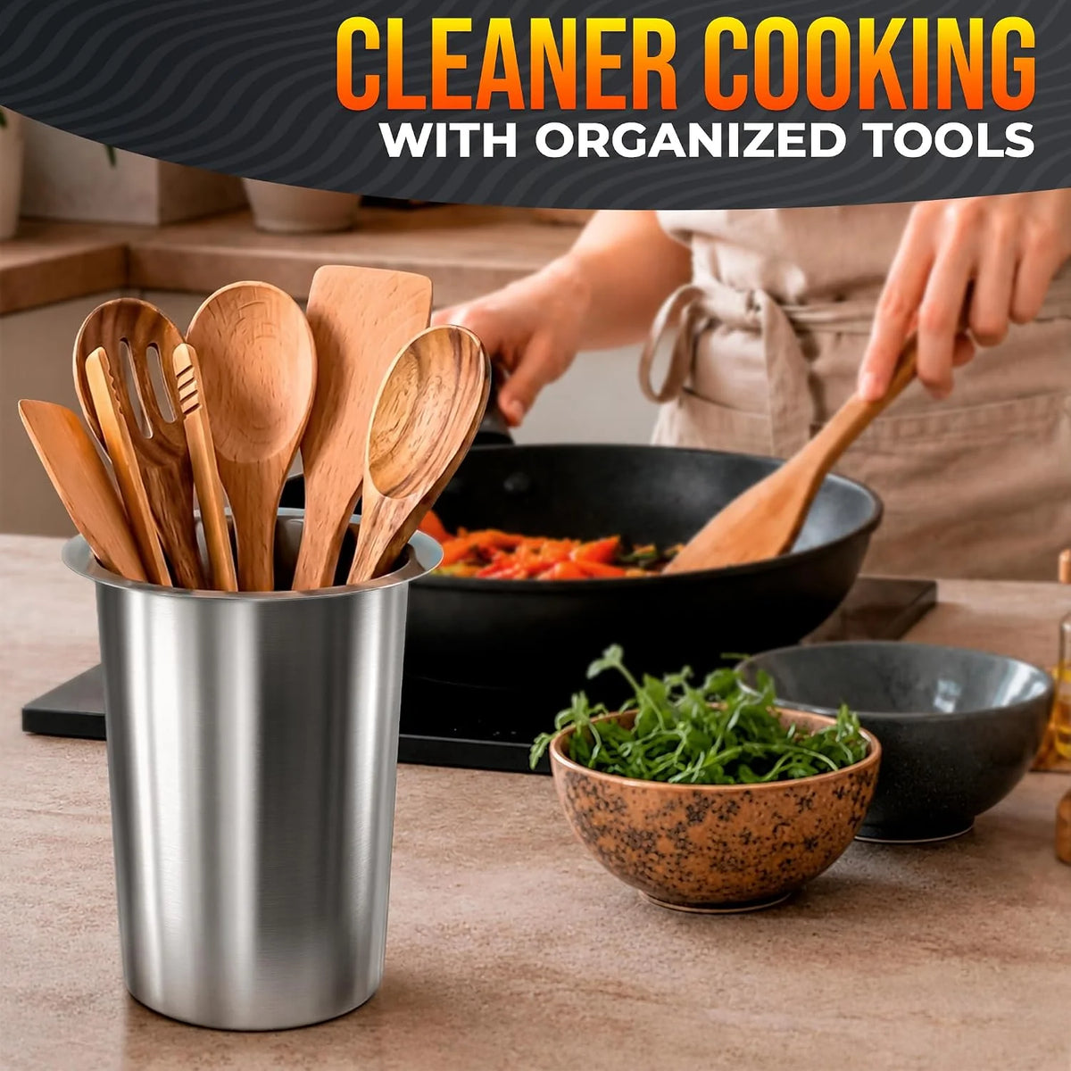 Utensil Holder Set – 3 Piece Stainless Steel Kitchen Canisters – image 2