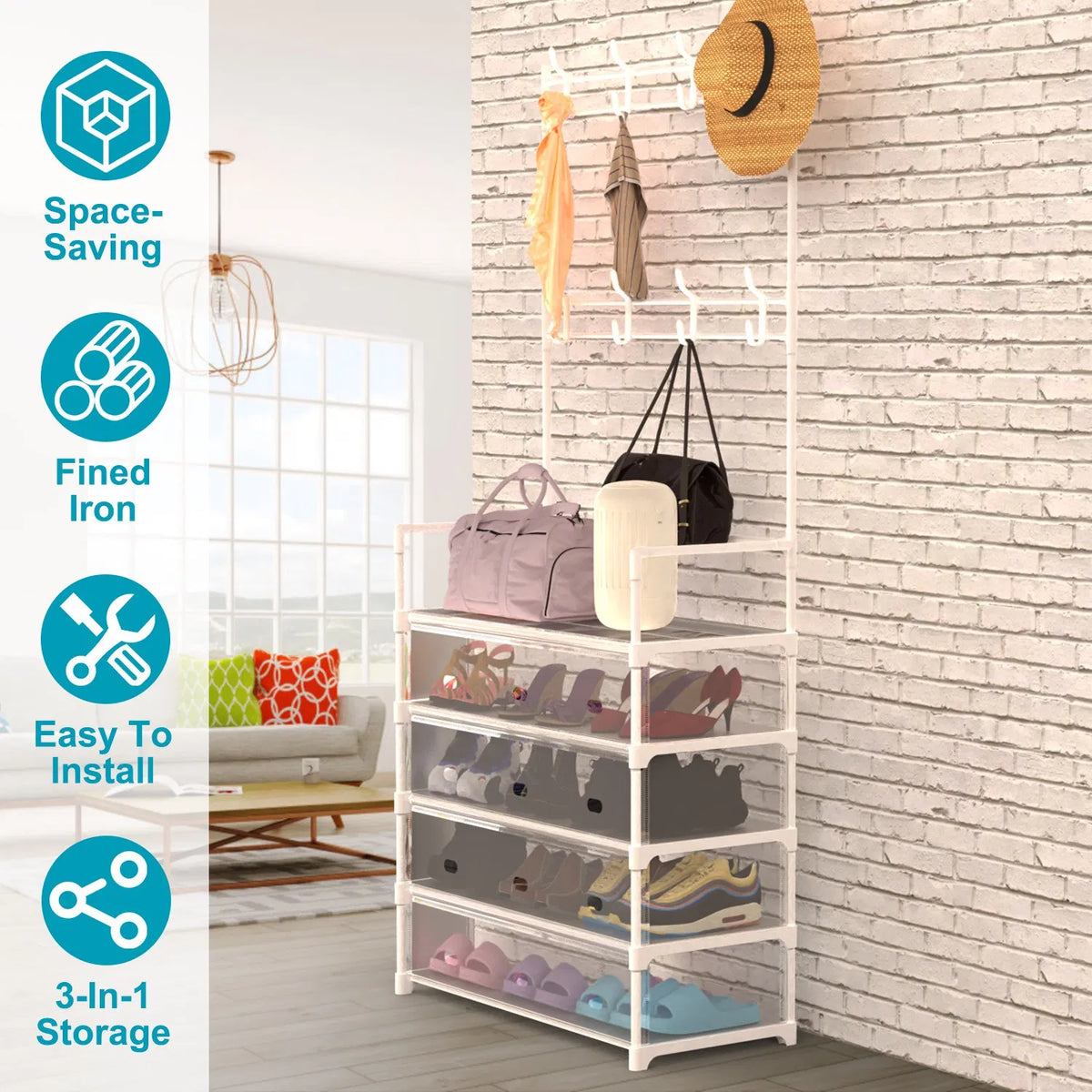 Shoe Rack with Coat Hooks, 5-Tier Dustproof Entryway Hall Tree – image 6